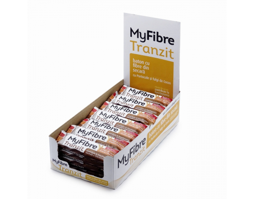 imageMyFibre Tranzit, pachet 28 batoane digestive, cu fibre din secara, cocos si portocale, acoperite cu ciocolata cu lapte, fara zaharuri adaugate, cu indulcitori, 28 x 40g