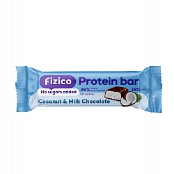 Fizico Protein Bar, baton proteic cu cocos, acoperit cu ciocolata cu lapte, fara zaharuri adaugate, cu indulcitori naturali, 60g