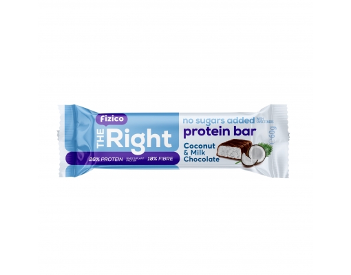 imageFizico, The Right Protein Bar, Baton proteic cu cocos, acoperit cu ciocolata cu lapte, fara zaharuri adaugate, cu indulcitori, 60g